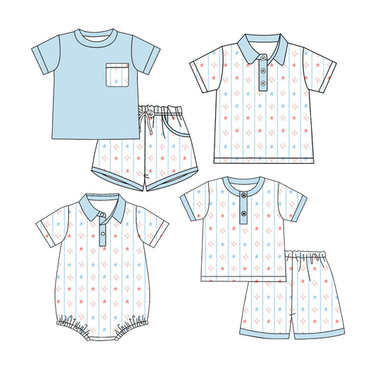 4.14 Custom moq 5 mix size Sibling Baby Boy Blue Short-Sleeved Top Shorts Set Romper And Short-Sleeved Polo Shirt