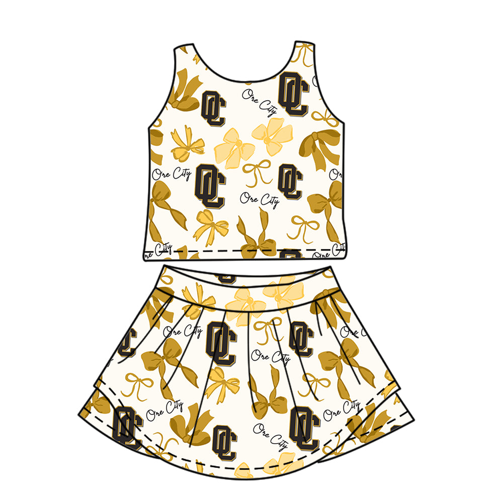 Custom moq 5 mix size milk silk summer teams Baby Girls Yellow Bow Vest Top Skirt Shorts Sets Sleeveless Knee Length Dresses Yoga Shorts Yoga Active Outfit