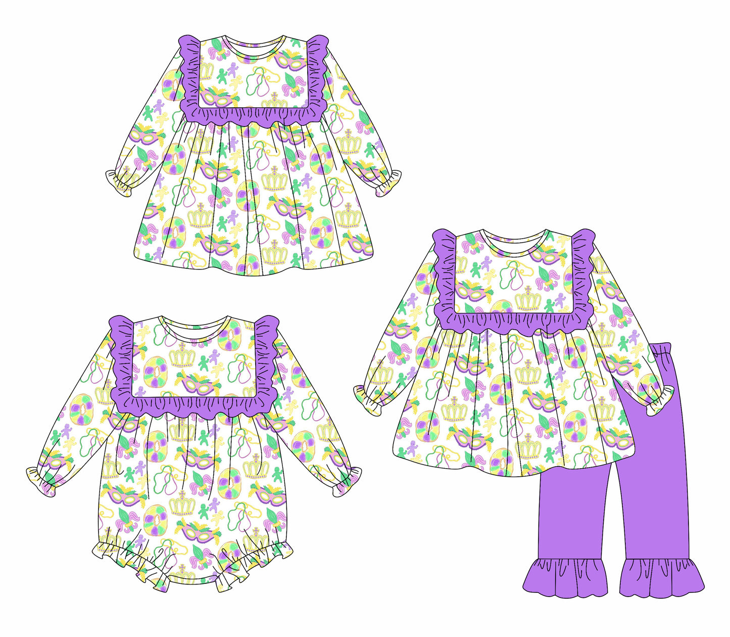 25.9.6 custom each style moq 5eta 4-6week Sibling Sisters mardi gras baby girl long sleeve pants sets and dress and rompers match family design
