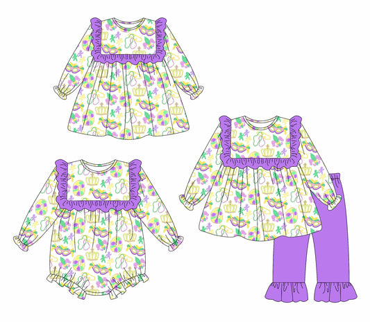 25.9.6 custom each style moq 5eta 4-6week Sibling Sisters mardi gras baby girl long sleeve pants sets and dress and rompers match family design