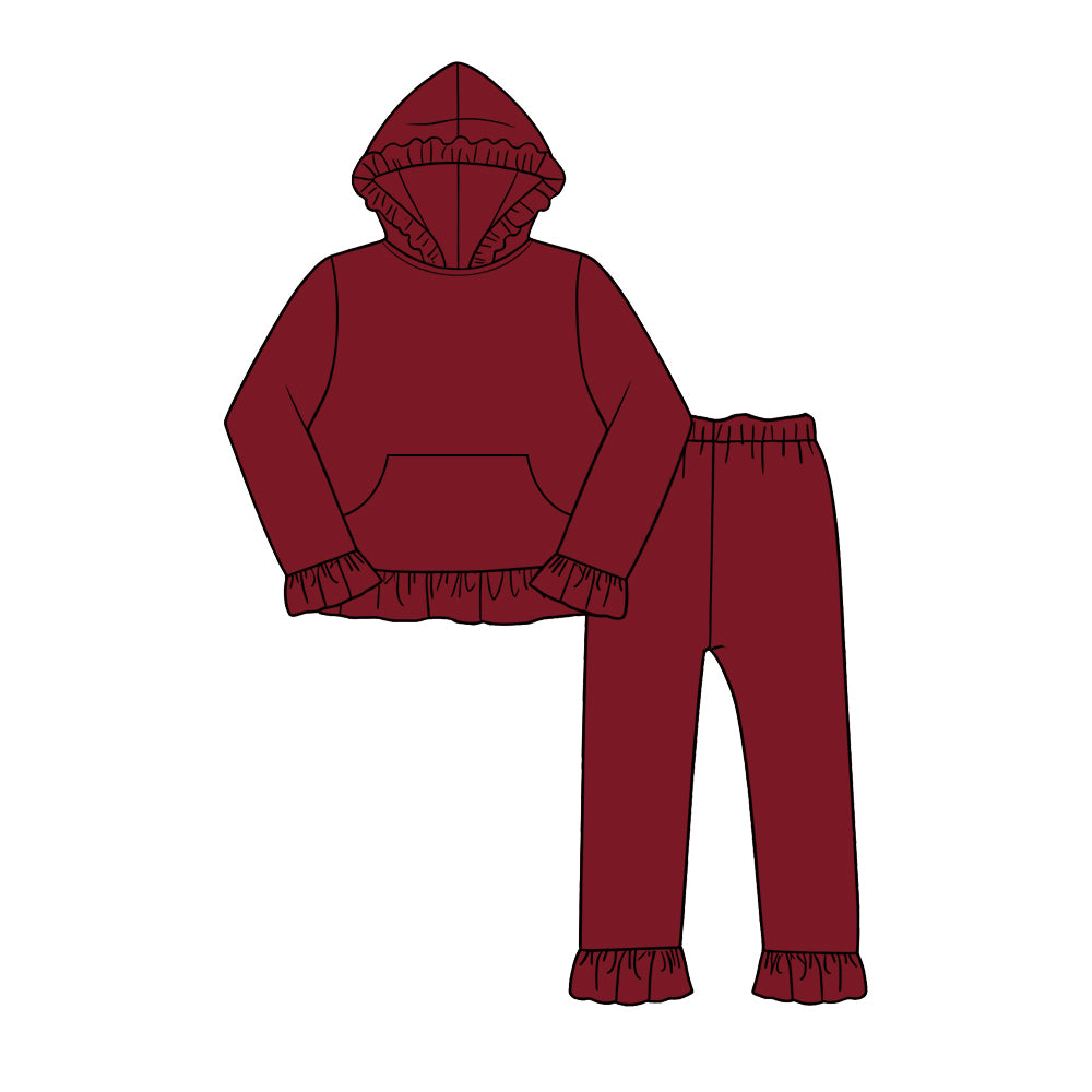 Custom moq 5 girls  Blank Cotton Burgundy Ruffled Hooded Long Sleeve Pants Set