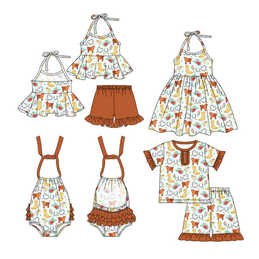3.8 custom each style moq 5eta 4-6week Sibling Sister baby girl short sleeve shorts sets and sets 2 and boy romper and dress match design