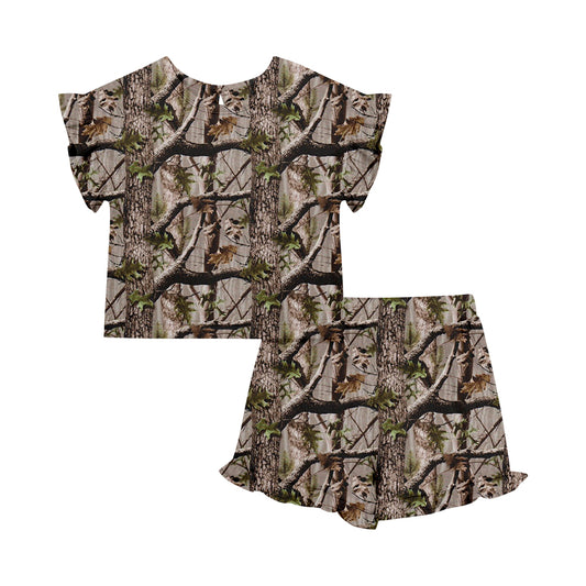 Custom moq 5 mix size Baby Girl's Brown Dead Leaf Camouflage Short-Sleeved Top And Shorts Set Cute Outfit