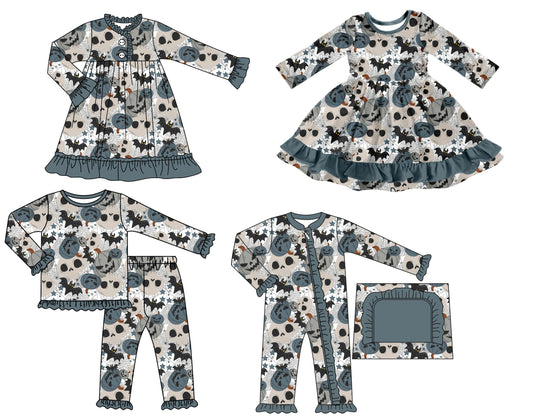 25.7.11 custom each style moq 5 eta 4-6week Sibling Sisters bat baby girl long sleeve pants sets and romper and dress 1 and dress 2 match family design