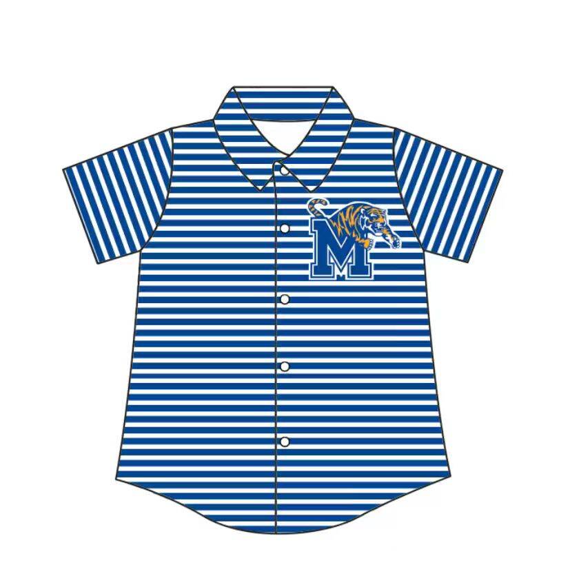 Custom moq 5 mix size milk silk summer teams Baby Boys Summer Blue Stripes Short Sleeve Button Shirts Top