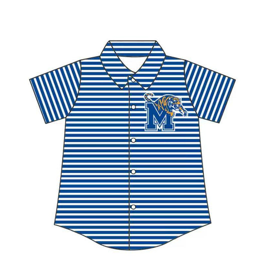 Custom moq 5 mix size milk silk summer teams Baby Boys Summer Blue Stripes Short Sleeve Button Shirts Top