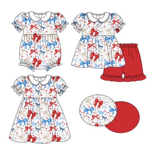 25.11.3 custom each style moq 5 eta 6-8week Sibling Sister star bow baby short sleeve shorts sets and romper and dress match design