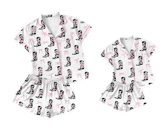 2.27 custom each style moq 5eta 4-6week Sibling Sister bow boot short sleeve shorts sets and adult sets match design