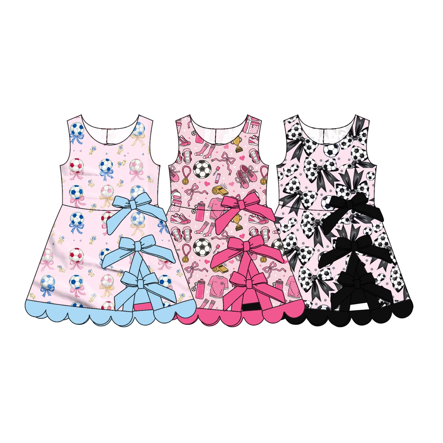 4.6  Custom moq 5 mix size Sibling Baby Girls Footballs Bows Scallop Edge Short Knee-Length Dress Team Active Yoga Dress for Little Girls