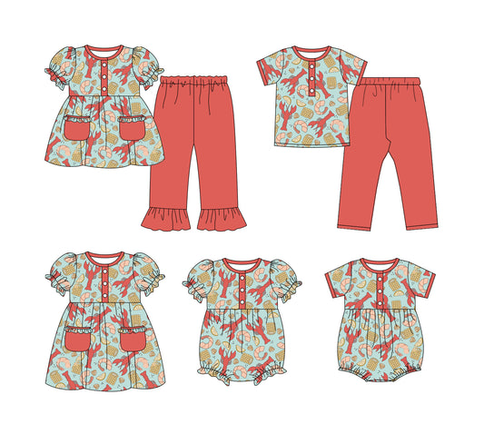 25.9.13 custom each style moq 5eta 6-8week Sibling Sister baby short sleeve pants sets 2 and romper 2 and dress match design