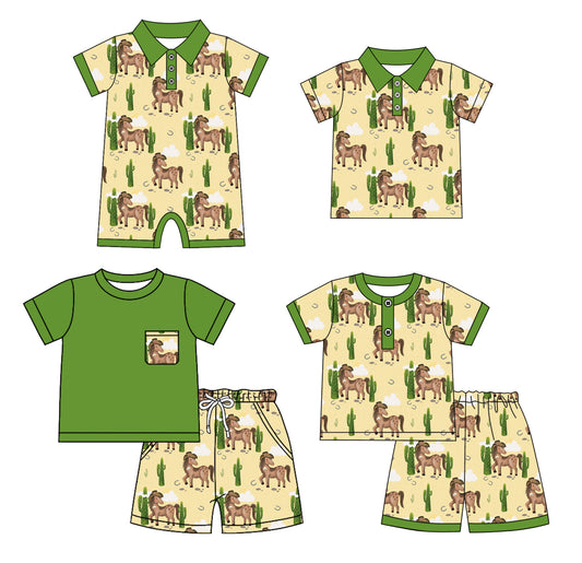 4.22 custom each style moq 5eta 4-6week Sibling Sister horse catcus baby boy sets 1 and sets 2 and boy rompers and top match family design