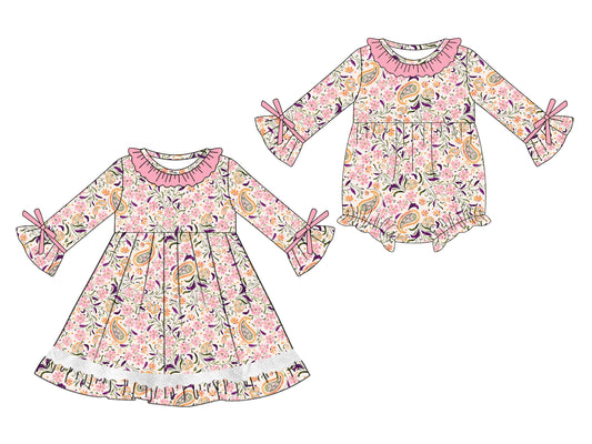 25.5.14 custom each style moq 5eta 4-6week Sibling Sisters floral baby girl long sleeve dress and rompers match family design