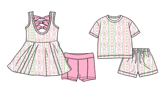 Custom moq 5 mix size Sibling Baby Girl pink Sleeveless Yoga Dress And Shorts Outfit Short Sleeved Top And Shorts Set