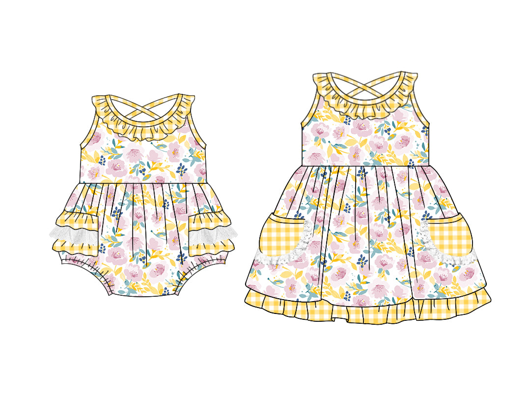 11.3 custom each style moq 5eta 4-6week Sibling Sister floral yellow baby girl short sleeve dress and rompers match family design