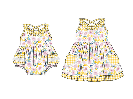 11.3 custom each style moq 5eta 4-6week Sibling Sister floral yellow baby girl short sleeve dress and rompers match family design