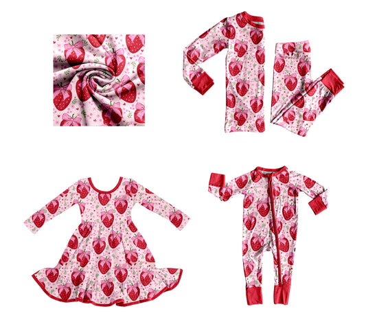 25.10.10 custom each style moq 5 eta 6-8week Sibling Sisters bow strawberry baby girl long sleeve pants sets and dress and rompers match family design