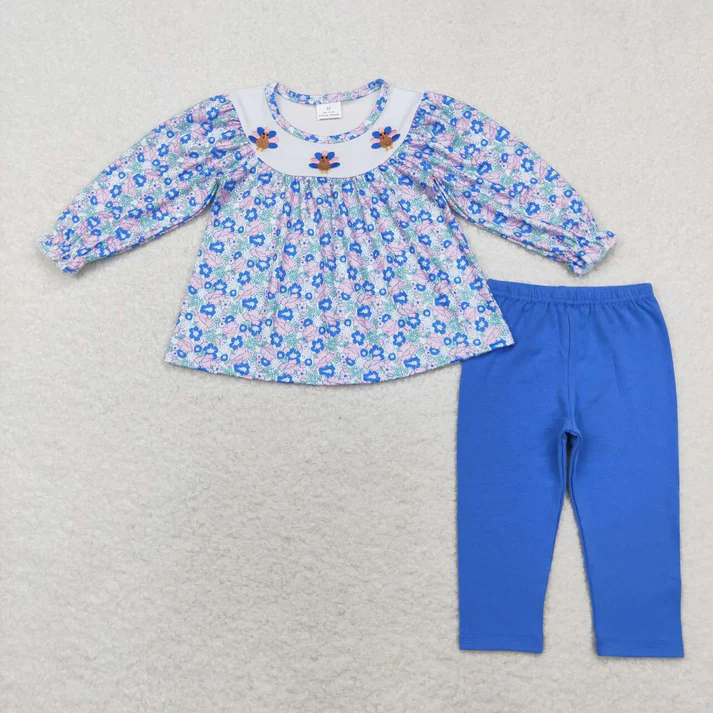 RTS NO MOQ Sibling Baby girls clothes embroidery turkey long-sleeved trousers suits