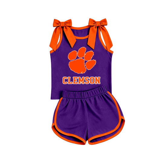 custom moq 5 mix size ASGH0102 Baby Girls Orange Bow Sleeveless Purple Top Shorts Summer Set Casual Clothes