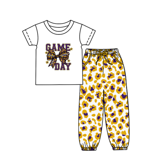 Custom summer teams baby boy clothes team GAME DAY bow yellow camouflage short sleeve pants sets-25.9.5