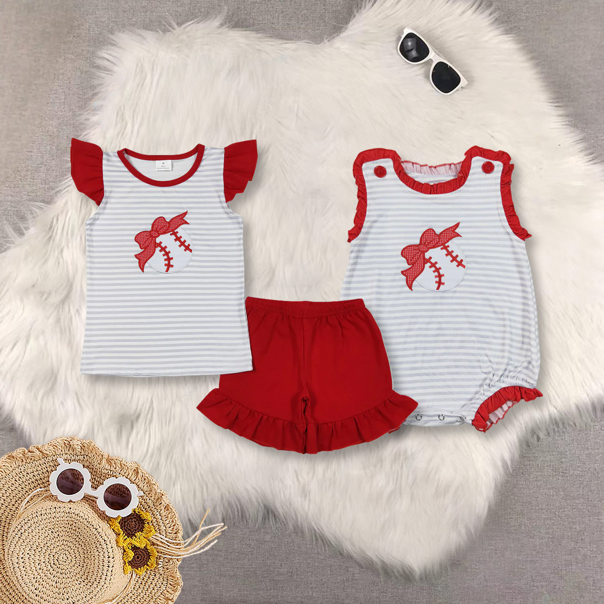 RTS NO MOQ Girls clothes embroidery baseball short sleeve Clothes Sets romper