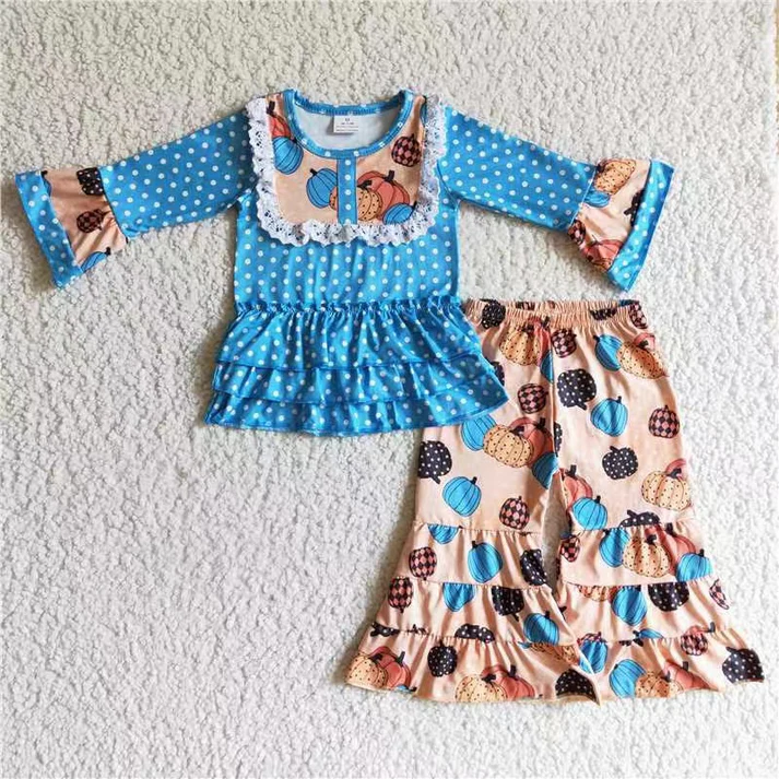RTS NO MOQ Sibling baby girl clothes halloween pumpkin bow long sleeve pants Sets