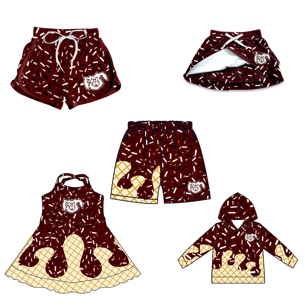 Custom moq 5 mix size milk silk baby girls clothes team brick red hooded long sleeve tops and skirt and dress and shorts 1 and shorts 2-25.7.2