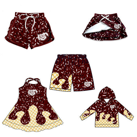 Custom moq 5 mix size milk silk baby girls clothes team brick red hooded long sleeve tops and skirt and dress and shorts 1 and shorts 2-25.7.2