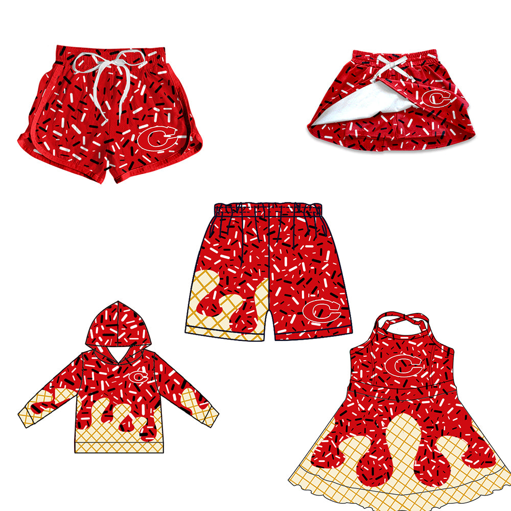 Custom moq 5 mix size milk silk baby girls clothes team red hooded long sleeve tops and skirt and dress and shorts 1 and shorts 2-25.7.3