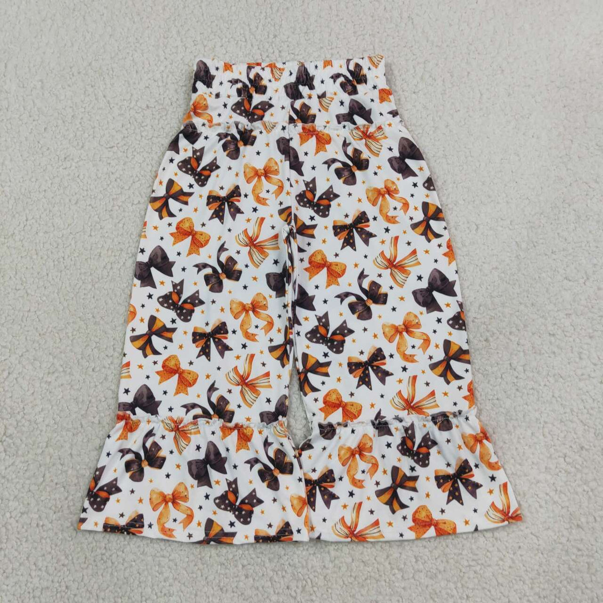 NEW RTS NO MOQ milk silk P1068 Baby Girls Black Orange Bows Stars Bell Bottom Pants Halloween Cute Bottom