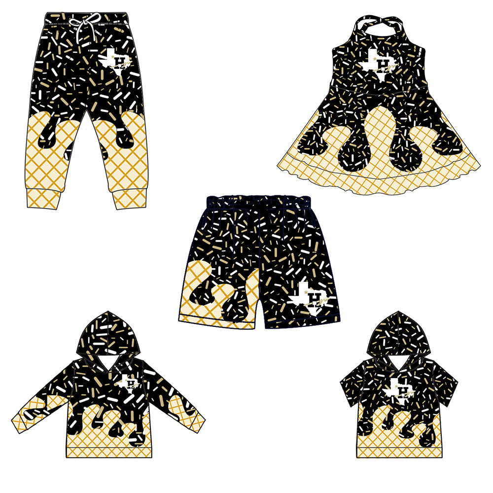 Custom moq 5 mix size milk silk baby girls clothes team black hooded long sleeve tops and short sleeve top and dress and pants and shorts-25.7.1