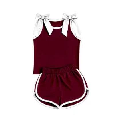 custom moq 5 mix size Baby Girls Maroon Sleeveless Tank Top With White Bows Shorts Summer Clothes Set