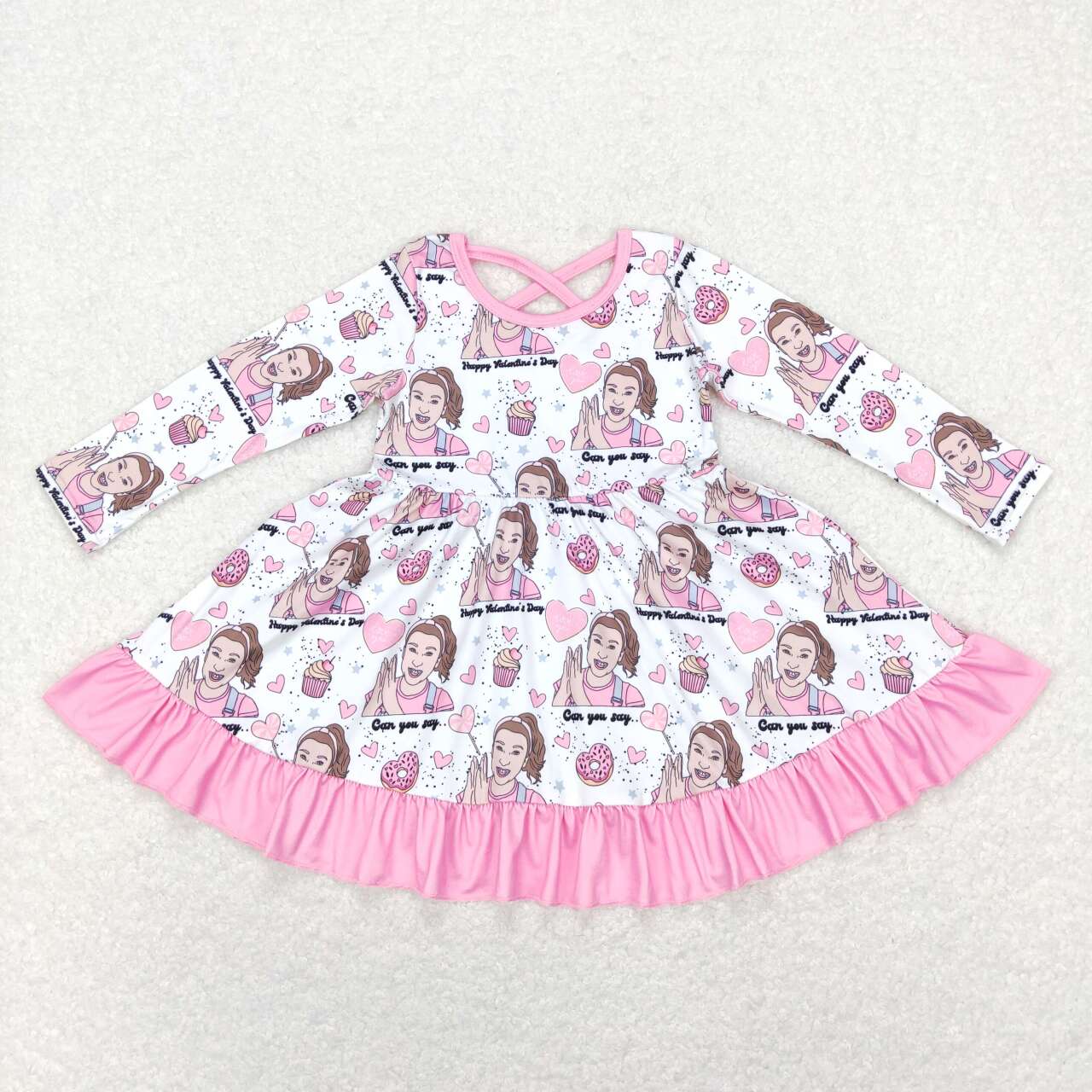 RTS NO MOQ（In Stock ) GLD0504 Ms.Rachel Love Donut Valentine's Day Pink Lace Long Sleeve Dress
