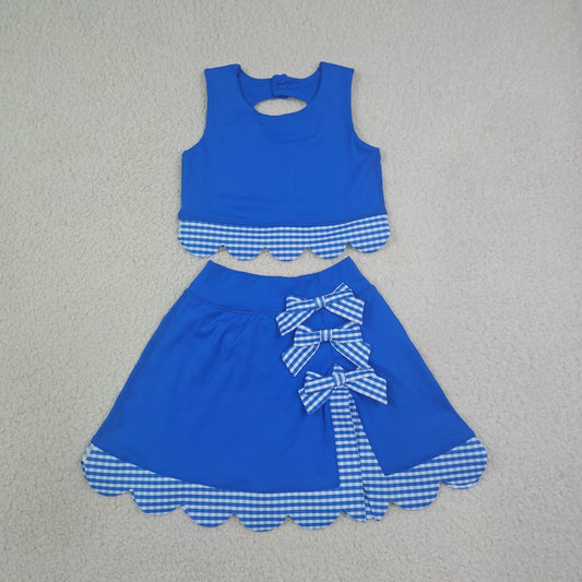 NEW RTS NO MOQ yoga fabric GSD4177 Baby Girls Summer Sleeveless Blue Vest Scallop Skirt Yoga Active Set