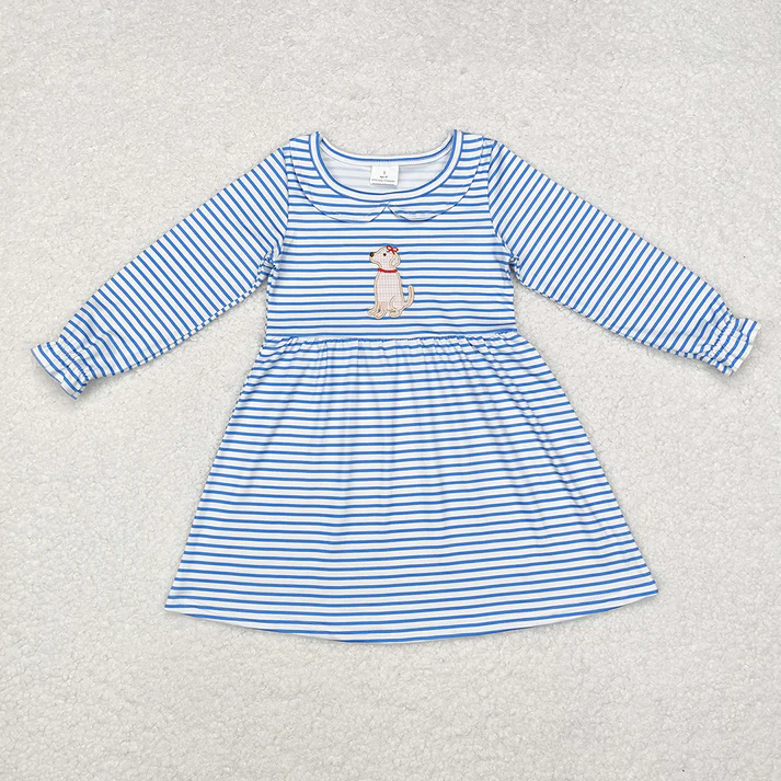 RTS NO MOQ Stripe embroideryGirls Boys Blue Stripes Dog Tops Dresses Rompers