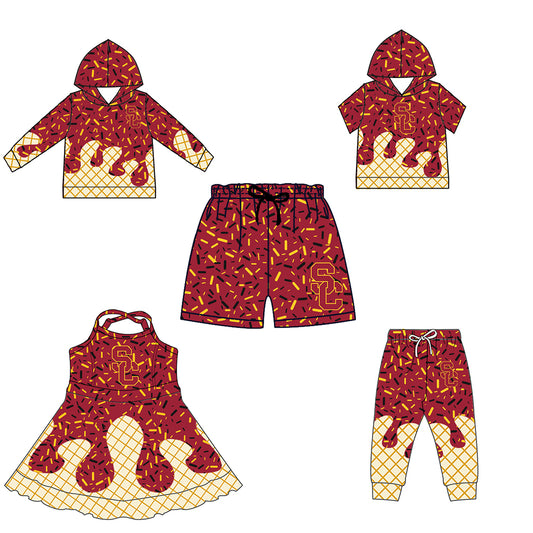 Custom summer teams baby girls clothes team red and orange hooded long sleeve tops and short sleeve top and dress and pants and shorts-25.6.10