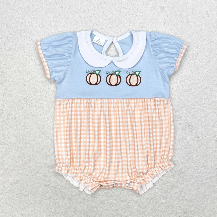 RTS NO MOQ Baby Girls Embroidery Pumpkins Sibling Rompers Clothes Sets embroidery