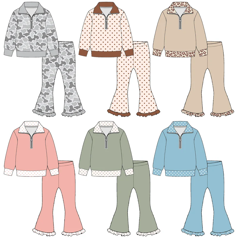 (Preorder new) No moq Baby Girls Half Zip Collar Top And Ruffle Hem Flare Pant Set
