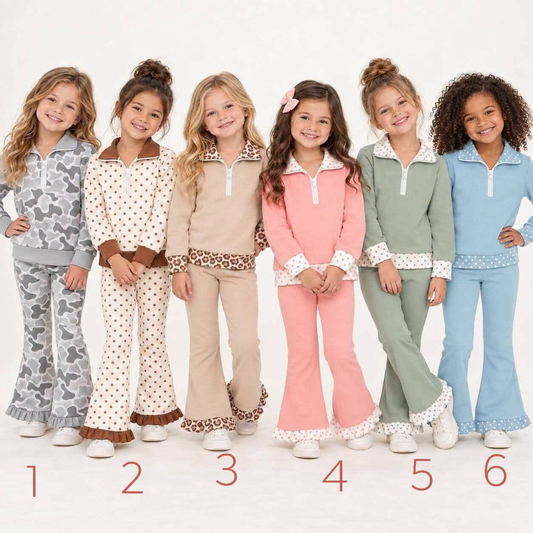 (Preorder new) No moq Baby Girls Half Zip Collar Top And Ruffle Hem Flare Pant Set