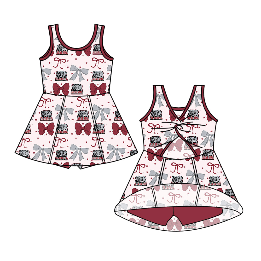 Custom moq 5 mix sizes summer teams baby girls clothes team baseball bow brick red sleeveless skirt shorts dress-25.6.14