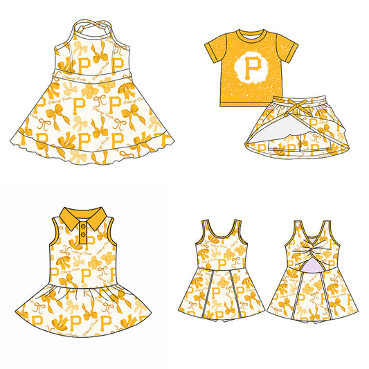 Custom moq 5 mix sizes summer teams baby girls clothes team yellow short sleeve skirts shorts sets dress 1 and dress 2 and dress 3 and dress 4-25.5.22