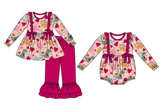 11.19 custom each style moq 5eta 4-6week Sibling dinosaur love baby girl sets and rompers match family design