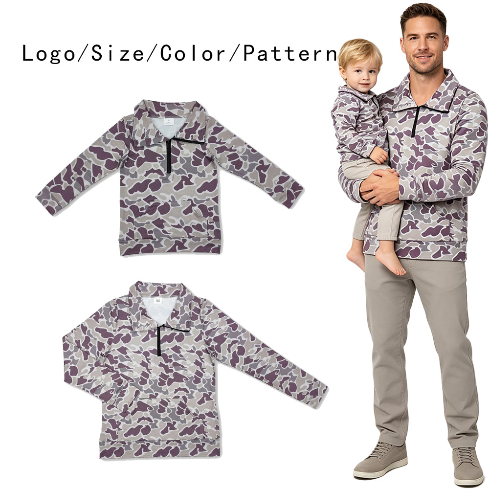 RTS NO MOQ Sibling milk silk Adult To Match Kids Camo Quarter Zip Long Sleeve Pullover
