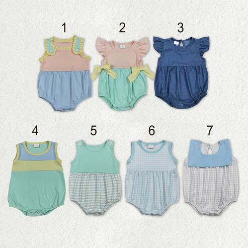 RTS NO MOQ Sibling Baby Boys Girls Patchwork Ruffle Rompers Summer Clothing