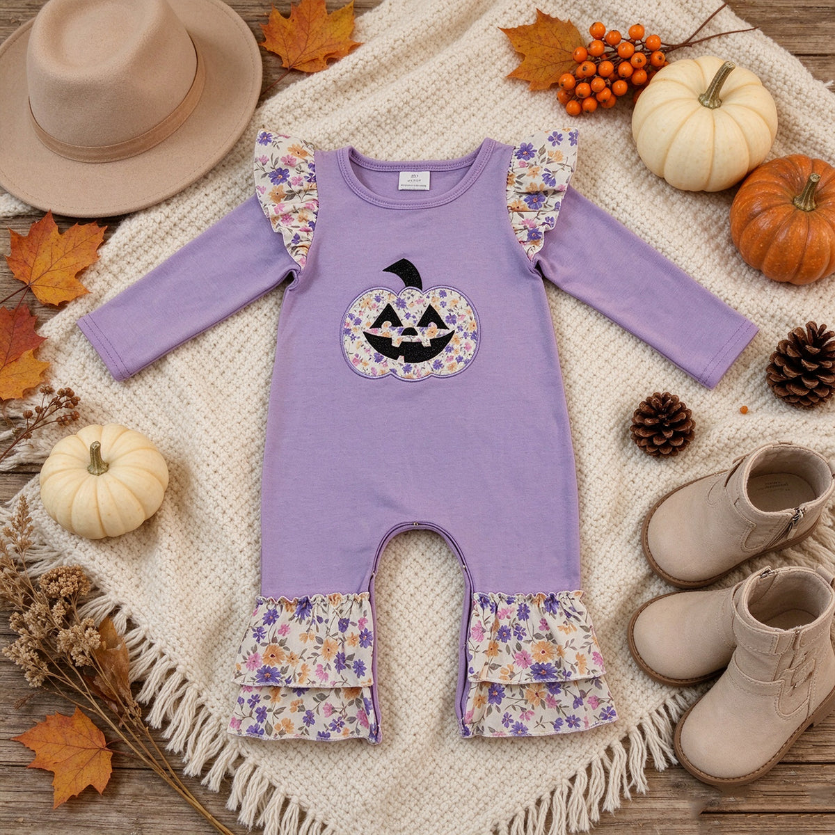 NEW RTS NO MOQ milk silk LR3221 Embroidery Flowers Ghost Pumpkins Baby Girls Halloween Long Sleeve Ruffle Cute Rompers