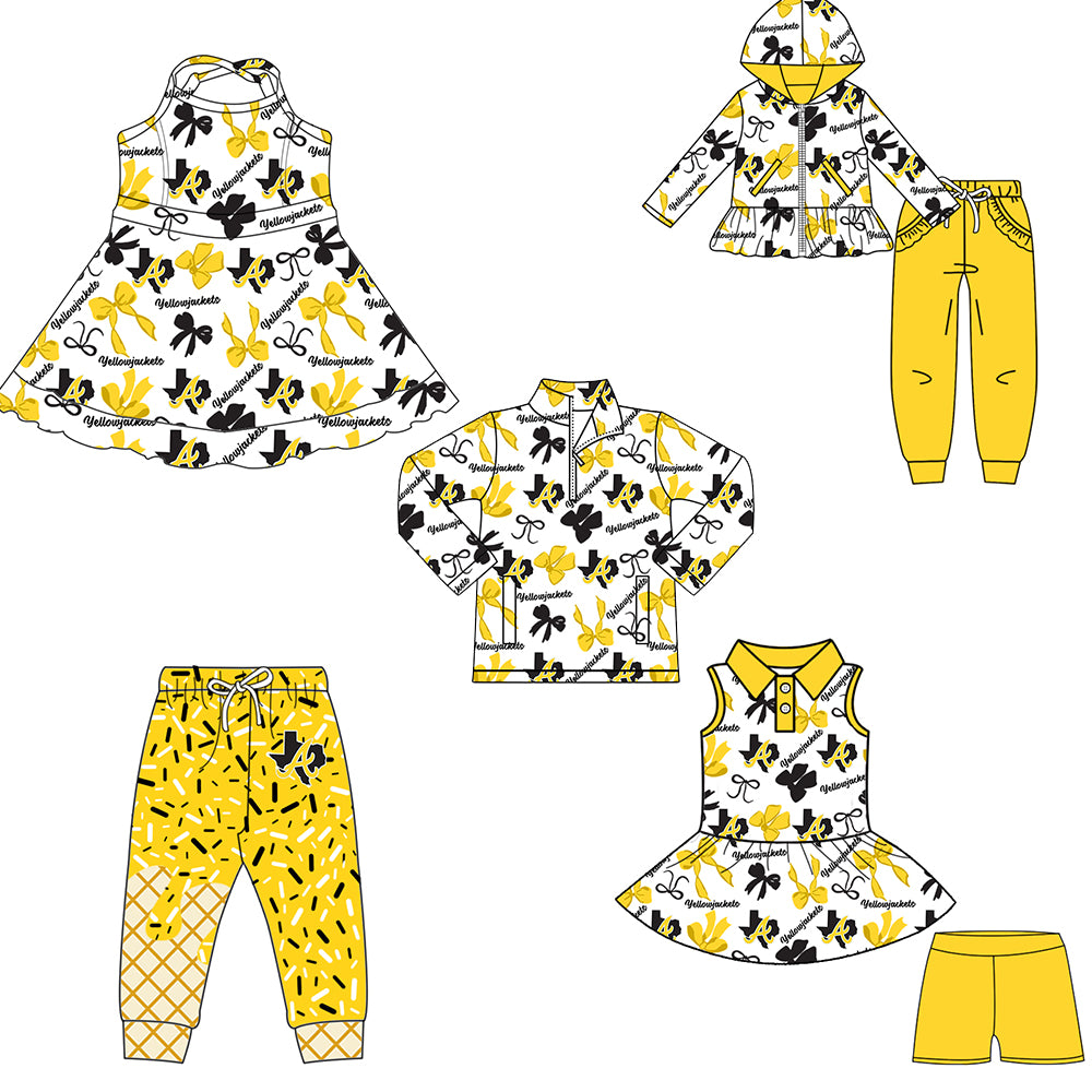 Custom moq 5 mix size milk silk summer teams baby girls clothes bow yellow hooded long sleeve pants sets and shorts sets and dress and top and pant-25.8.11