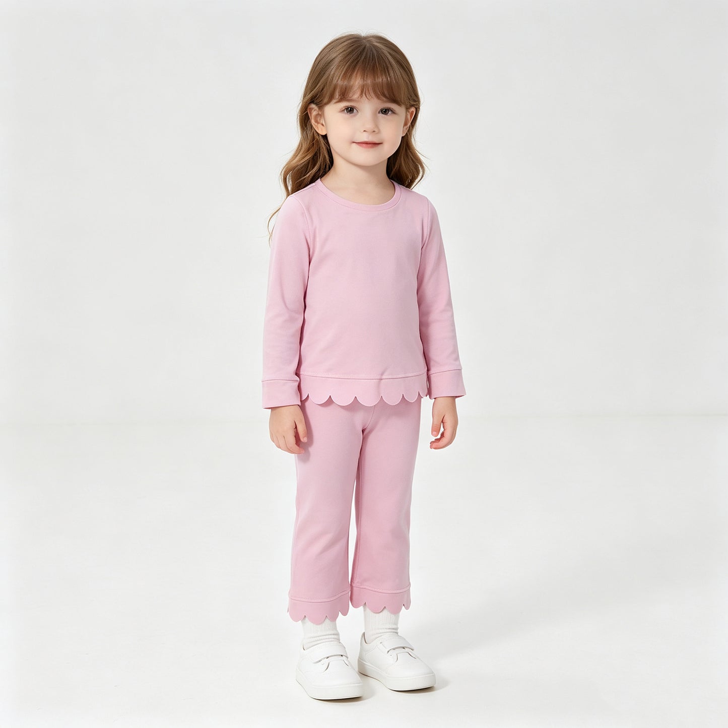 NEW RTS NO MOQ cotton GLP3291 Baby Girls Pink Solid Scallop Trim Long Sleeve Top And Pants Pajama Set
