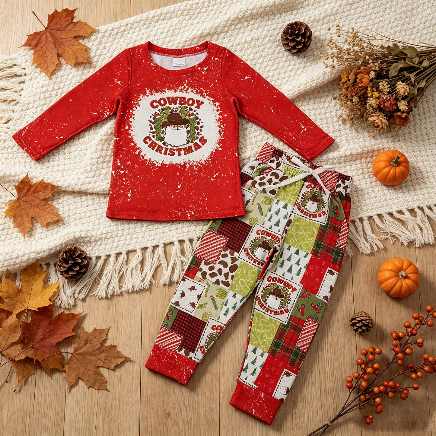 NEW RTS NO MOQ milk silk BLP0375 Baby Boys Cowboy Red Long Sleeve Tops Pants Clothes Sets