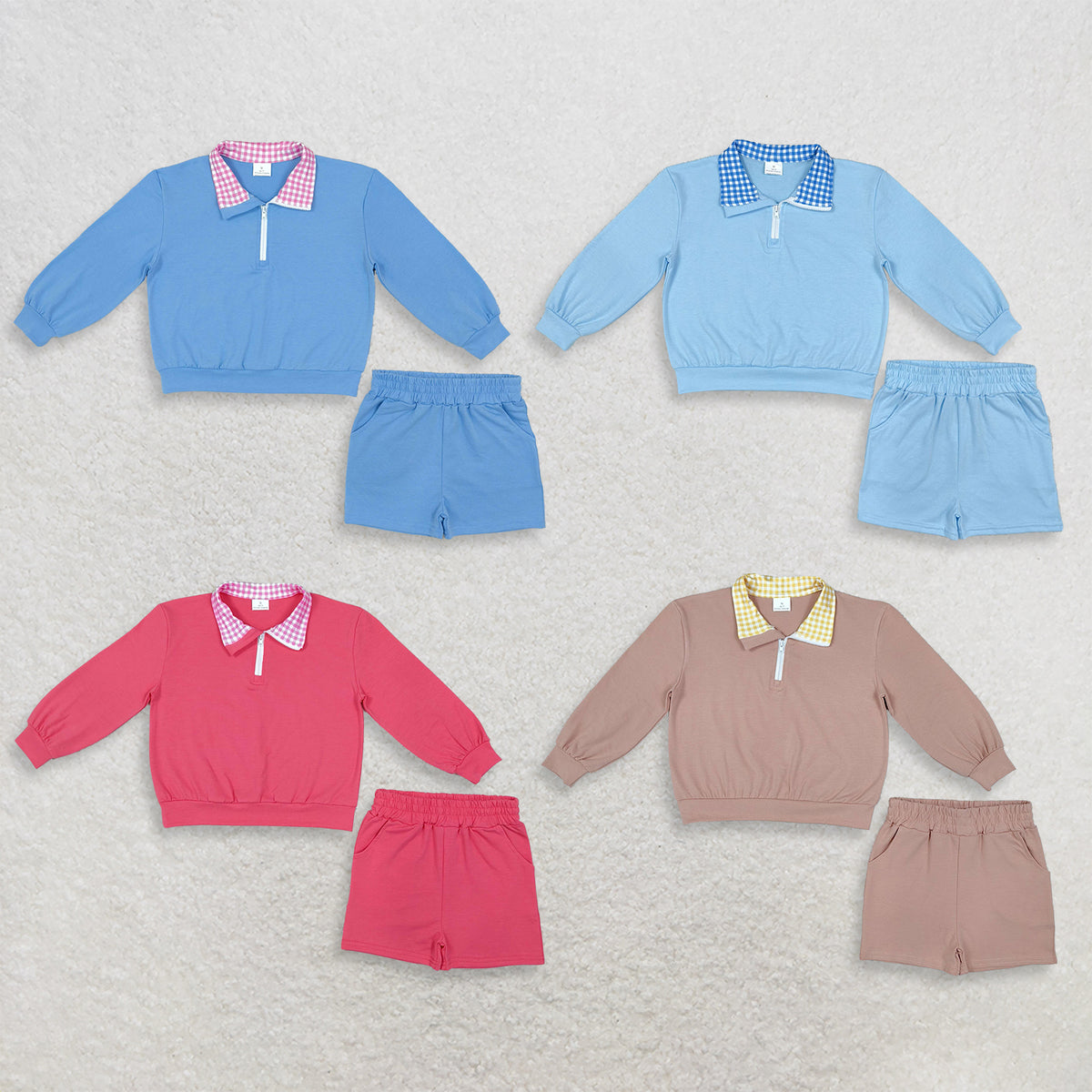 RTS NO MOQ Sibling cotton Baby Girls Gingham Collar Half Zip Long Sleeve Top Shorts Outfit Set