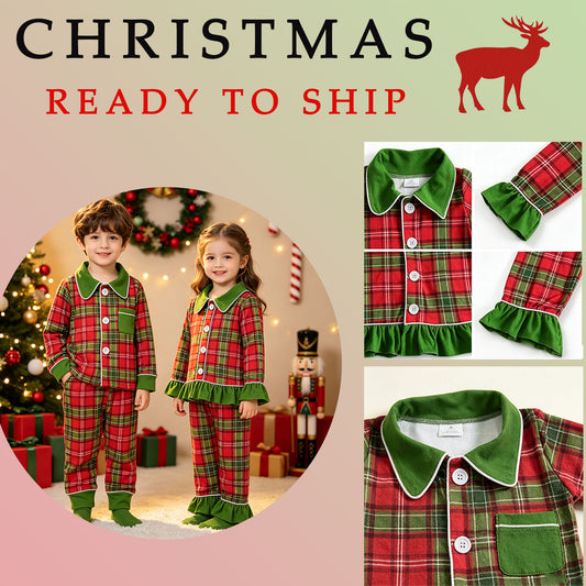 sibling christmas RTS No moq Baby Boys Red Green Plaid Christmas Pajama Set