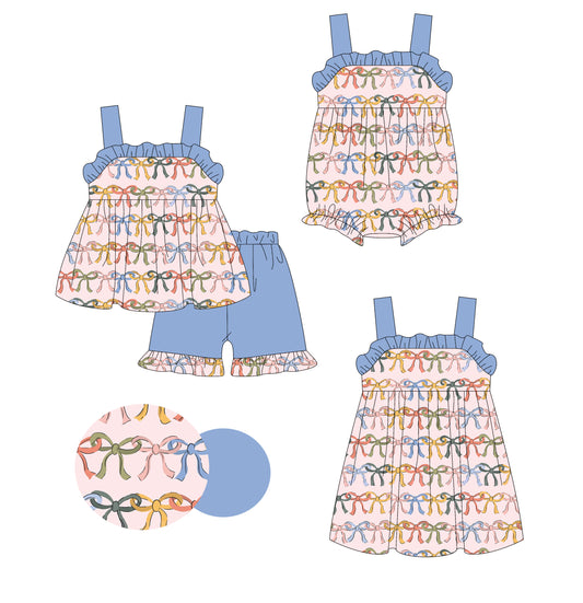 3.27 custom each style moq 5eta 4-6week Sibling Sisters bow baby girl short sleeve shorts sets and dress and rompers match family design